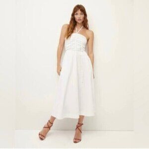 Veronica Beard White Tucker Ruched Halter Midi Dress